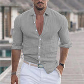 Men's Cotton And Linen Lapel Long Sleeve Solid Color Shirt